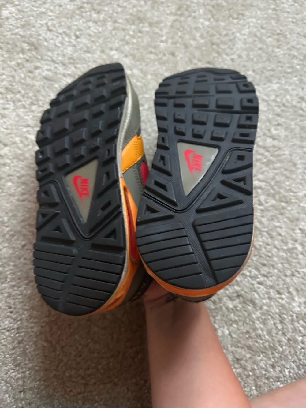 Nike Kids Sneakers in Olive Green with Orange and Pink Accents